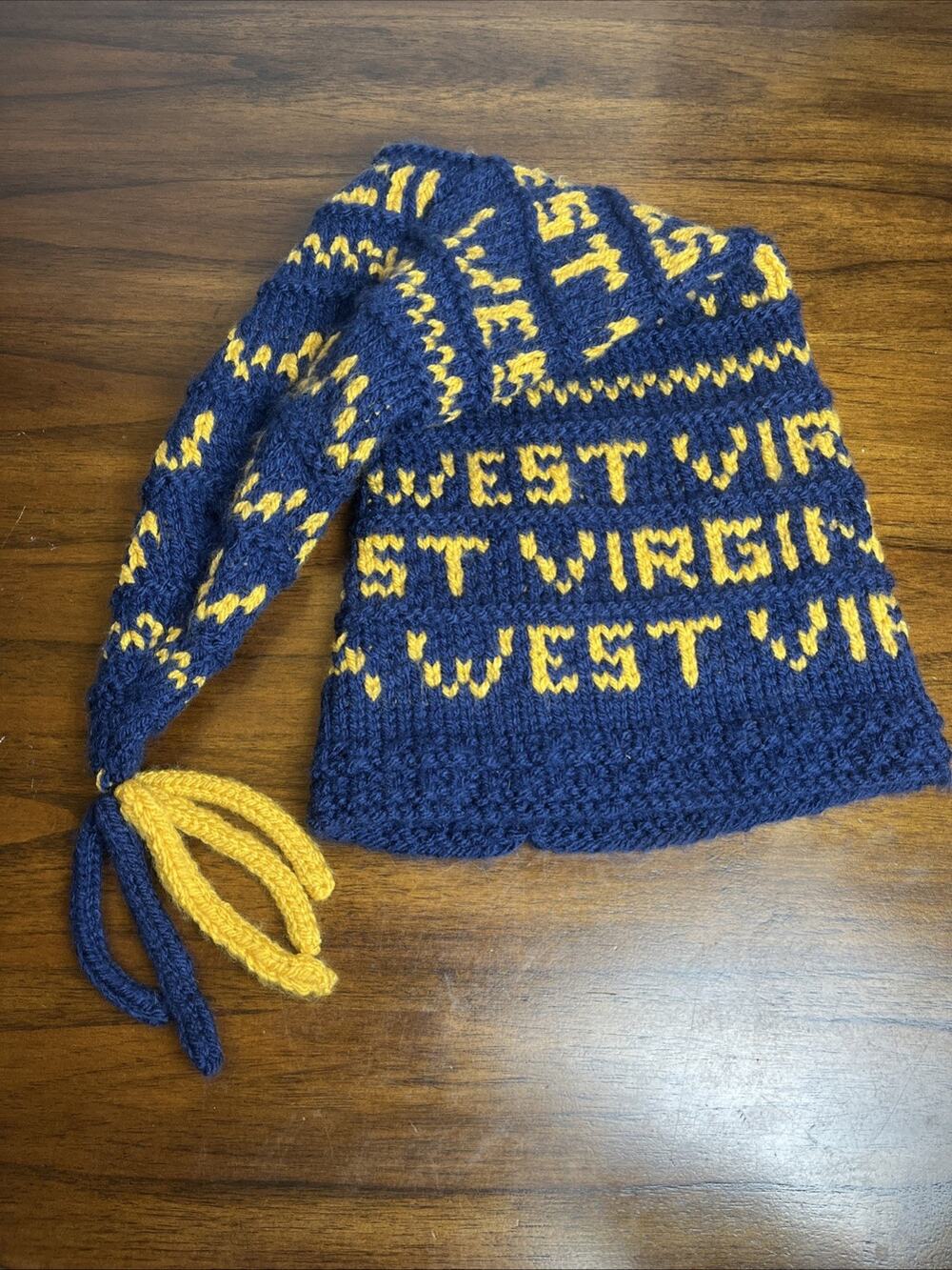 WVU Handmade Knit Elf Beanie Hat West Virginia Blue And Gold Tailgate Snowboard